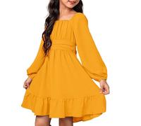 Mjjsk Vestito da festa per ragazze elegante autunno manica lunga cravatta indietro volant principessa matrimonio compleanno vestito bambini tinta unita una linea abiti casual, Arancione, 8-9 Anni