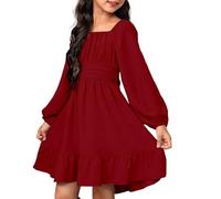Mjjsk Vestito da festa per ragazze elegante autunno manica lunga cravatta indietro volant principessa matrimonio compleanno vestito bambini tinta unita una linea abiti casual, Rosso, 12-13 Anni