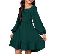 Mjjsk Vestito da festa per ragazze elegante autunno manica lunga cravatta indietro volant principessa matrimonio compleanno vestito bambini tinta unita una linea abiti casual, Verde scuro, 12-13 Anni