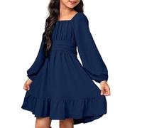 Mjjsk Vestito da festa per ragazze elegante autunno manica lunga cravatta indietro volant principessa matrimonio compleanno vestito bambini tinta unita una linea abiti casual, Blu scuro, 12-13 Anni