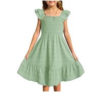 Mjjsk Vestito estivo per ragazze per bambini con maniche a volant a strati una linea abiti da festa casual festivo abito prendisole per bambini abbigliamento scolastico A10, Verde, 13-14 Anni