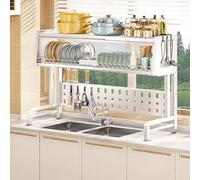 MJMLUCK Scolapiatti a 3 Livelli da posizionare sopra Il lavello, Lunghezza Regolabile da 23 a 33 Pollici - Stile Base Bianco (White Basic Style)