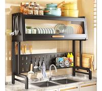 MJMLUCK Scolapiatti a 3 Livelli da posizionare sopra Il lavello, Lunghezza Regolabile da 58 a 84 cm - Bianco, Stile Base (Set Completo Nero)