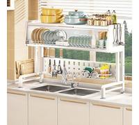 MJMLUCK Scolapiatti a 3 Livelli da posizionare sopra Il lavello, Lunghezza Regolabile da 58 a 84 cm - Set Completo Nero (Set Completo Bianco)