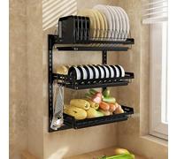 MJMLUCK Scolapiatti a Parete in Acciaio Inox 304, Altezza Regolabile - 2 Livelli, Nero con Porta Tagliere (Black Threelayer A)