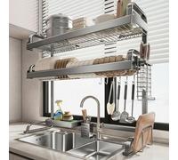 MJMLUCK Scolapiatti da appoggio sopra Il lavello con portautensili e portacoltelli, Ganci, scolapiatti a 2 Livelli per Piano Cucina, scolapiatti in Acciaio Inox, per Piatti, Ciotole e pentole (argen