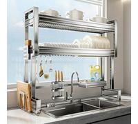 MJMLUCK Scolapiatti da appoggio sopra Il lavello, in Acciaio Inox, salvaspazio, Multifunzionale, per riporre Piatti, Bicchieri, Ciotole e Posate (Doppio Strato 85 cm/33,5 Pollici)