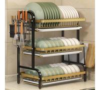 MJMLUCK Scolapiatti da Cucina a 2/3 Livelli, in Acciaio al Carbonio con Vassoio di Scarico, Porta Bacchette, Porta coltelli, scolapiatti da posizionare sopra Il lavello, Verde Oro (Nero Oro L21(3