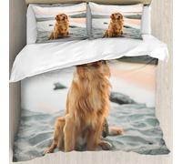 MJNLYDAO Con cuscino, reversibile, coperchio extra-large, con cerniera, fibre morbide materiale leggero,Cane Golden retriever seduto sulla spiaggia in riva al mare,228x264cm