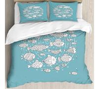 MJNLYDAO Con cuscino, reversibile, coperchio extra-large, con cerniera, fibre morbide materiale leggero,Scarabocchio comunità di pesciolini che nuotano nella stanza dei bambini cartone,228x264cm