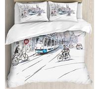 MJNLYDAO Con cuscino, reversibile, coperchio extra-large, con cerniera, fibre morbide materiale leggero,Vista della città da una tipica strada di Amsterdam con ciclisti e tram, Olanda,228x264cm