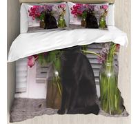 MJNLYDAO Con cuscino, reversibile, coperchio extra-large, con cerniera, fibre morbide materiale leggero,gatto nero alza la testa. sul davanzale della finestra sullo sfondo di fiori e p,228x264cm