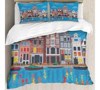 MJNLYDAO Con cuscino, reversibile, coperchio extra-large, con cerniera, fibre morbide materiale leggero,Vista vettoriale della città di Amsterdam, canale, tipiche case olandesi e barch,228x264cm