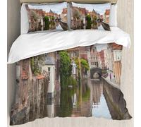 MJNLYDAO Con cuscino, reversibile, coperchio extra-large, con cerniera, fibre morbide materiale leggero,Paesaggio urbano, scenario vivido con canale d'acqua nel centro storico di Bruge,228x264cm