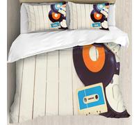MJNLYDAO Con cuscino, reversibile, coperchio extra-large, con cerniera, fibre morbide materiale leggero,Indie, dischi in vinile e vecchie audiocassette su tavolo di legno Nostalgia Mus,228x264cm