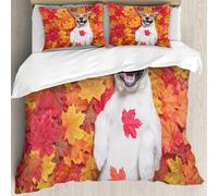 MJNLYDAO Con cuscino, reversibile, coperchio extra-large, con cerniera, fibre morbide materiale leggero,cane jack russell sdraiato a terra pieno di foglie autunnali autunnali che ride,228x264cm