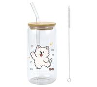 Mjuthy Bicchieri per cani bianchi da 500 ml con coperchio in bambù naturale e cannuccia, dolce regalo per caffè freddo, matcha, bolla tè, perfetto per gli amanti dei cani