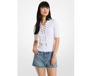 MK Polo stringata in viscosa stretch a coste - Bianco - Michael Kors L