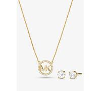 MK Set orecchini a bottone e collana in argento sterling placcato oro rosa 14K con ciondolo, logo e pavé - Oro - Michael Kors ONE SIZE