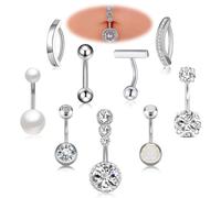 MKEAWWU Piercing Ombelico, 9 Pezzi Acciaio Chirurgico Argento 14G, Con Cz E Perla, Clicker 10 Mm E 12 Mm, Anallergico