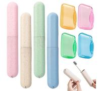 MKEAWWU Porta Spazzolino Da Viaggio 4 Custodie Per Spazzolino + 4 Copri Testine, Plastica Nei Colori Verde, Blu, Beige E Rosa, Lunghezza 21Cm, Ideale Per Viaggi In Famiglia