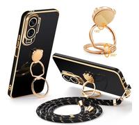 Mkej Cover per Honor 90 Lite Cover con Cordino, con DIY Ring Kickstand Sottile Silicone Antiurto Custodia con Cordino Regolabile Staccabile Covers per Honor 90 Lite Case - Nero