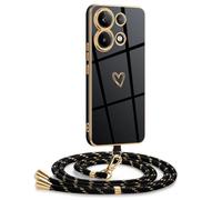 Mkej Cover per Xiaomi Redmi Note 13 4G con cordino, Placcatura Silicone Cuore amore Custodia con Cordino, con Regolabile Staccabile laccio Case per Xiaomi Redmi Note 13 4G, Oro nero