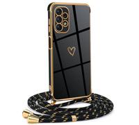 Mkej Custodia con Collana per Samsung Galaxy A13 4G, Cover Donna Cuore Amore con Cordino, Case con Laccio Tracolla Elettrolitico TPU Cover con Collana per Samsung A13 4G - Oro Nero
