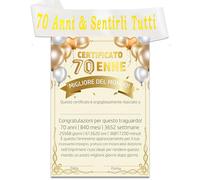 MKISHINE Idee Regalo per 70 Compleanno uomo donna- Certificato 70 Enne Migliore del Mondo+Fascia Compleanno 70 Anni Biglietto auguri compleanno per Lui e Lei