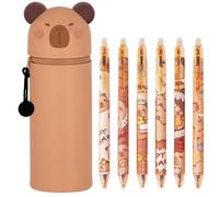 MKKZLPN Kawaii Astuccio Scuola 2 in 1 in Morbido Silicone, 6 Penna gel cancellabile Kapybara, inchiostro termosensibile, diametro punta 0,5 mm, lunghezza 15 cm, inchiostro nero, Pastelli Pennarelli