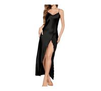MKLQLS Camicia da Notte in Raso per Donna, Chemise Sexy con Spalline in Pizzo, Camicia da Notte in Seta per Donna, Lunga in Rete Morbida, con Scollo a V, negligé, Abbigliamento da Notte Nero S