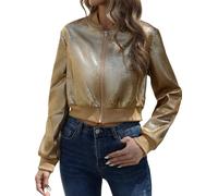 MKLQLS Giacca Bomber Corte Casual da Donna,Giacche da Volo Leggere con Collo Alto e Maniche Lunghe,Capispalla Classici con Cerniera per Ragazze Autunnali,Oro L
