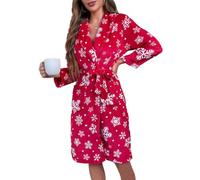 MKLQLS Vestaglia da Donna in Flanella Natalizia,invernale,Calda e Soffice,Lunga per Feste di Natale,Kimono con Stampa di Neve,Morbida Accappatoio da Notte di Lusso,Rossa M