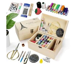 MKNZOME Scatola da Cucito in Legno - Premium Cestino da Cucito Vintage con Accessori da Cucito Completi, Portatile Valigetta Sarta per Principianti, Casa e Emergenza Uso#1