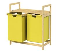 ML-Design Cesto Portabiancheria con Struttura in Bambù e 2 Scomparti 2x30L Mobile Portabiancheria Giallo con Maniglie e Ripiano, Raccoglitore adatto per il Bagno o Sacchi Estraibili, 63 x 33 x 73 cm