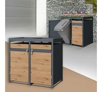 ML-Design Copribidone Doppio per Spazzatura per 2 Cestini 240L 132x80x124 cm Antracite Effetto Quercia Acciaio Contenitore per Pattumiera con Tetto a Fioriera Copri Bidone per Rifiuti 2 Sportelli