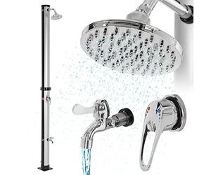 ML-Design Doccia Solare da Giardino 20L 210 cm Rotonda con Soffione Rubinetto a Pioggia Acqua Calda Temperatura Massima 60°C per Esterno Piscina Spiaggia Campeggio a Risparmio Energetico Nero/Argento