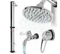ML-Design Doccia Solare da Giardino 35L 217,5cm Rotonda con Soffione e Rubinetto a Pioggia Acqua Calda Temperatura Massima 60°C per Esterno Piscina Spiaggia Campeggio Risparmio Energetico Nero/Argento