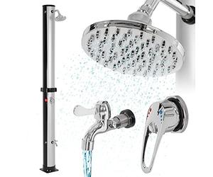 ML-Design Doccia Solare da Giardino 35L 217,5cm Rotonda con Soffione e Rubinetto a Pioggia Acqua Calda Temperatura Massima 60°C per Esterno Piscina Spiaggia Campeggio Risparmio Energetico Nero/Argento