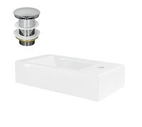 ML-Design Lavabo da Appoggio in Ceramica 46 x 26 x 11 cm Bianco incl. Piletta di Scarico per Lavandino con Troppopieno Lavello per Bagno Set Drenaggio Acciaio Inox Montaggio del Rubinetto a Destra