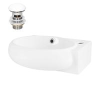 ML-Design Lavabo da Appoggio in Ceramica Bianca 43x28x15 cm con Set di Scarico in Ceramica Lavandino Ovale con Foro per Rubinetto a Destra Lavamano Lavello con Montaggio a Parete Sanitari da Bagno