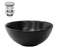 ML-Design Lavabo da Appoggio in Ceramica Nero Opaco Ø 28 x 15 cm Rotondo con Set di Scarico in Ottone Cromato Valvola Drenaggio Lavello Sanitari da Bagno Lavandino Design Moderno Piletta Pop-Up