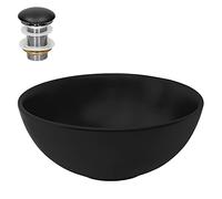 ML-Design Lavabo in Ceramica Ø 32x13,5 cm Lavello d'Appoggio Rotondo Nero Opaco Lavandino Design Moderno con Set di Scarico Lavamani Vaschetta Elegante da Bagno Toilette WC Sanitari Casa con Piletta