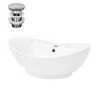 ML-Design Lavabo in Ceramica Bianca Lucida 59 x 20,5 x 39,5 cm Lavandino da Appoggio Moderno Bacinella Lavamani per Bagno Lavello con Set di Scarico Standard Cromato