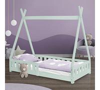ML-Design Lettino per Bambini Design Teepee con Sponde Protezione Anticaduta Recinzione Rete a Doghe 80 x 160 cm Letto Tenda Indiana da Gioco in Legno di Pino Massiccio Turchese per Cameretta Casa