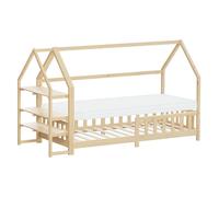 ML-Design Letto a Casetta 90x200 cm per Bambini, Naturale, in Legno di Pino, con Materasso 10 cm, Protezione Anticaduta e Libreria Integrata, Tetto e Rete a Doghe, Letto a Terra Style Montessori