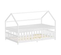 ML-Design Letto a Casetta per Bambini 120x200 cm Bianco, Una Piazza e Mezza con Materasso e Protezione Anticaduta, Tetto e Rete a Doghe, Letto Montessori in Legno Massello di Pino, per Cameretta