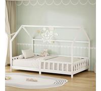 ML-Design Letto a Casetta per Bambini 120x200 cm con Protezione Anticaduta, Tetto e Rete a Doghe, Bianco, Letto a Terra Montessori in Legno Massello di Pino, Letto Singolo per Cameretta