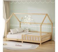 ML-Design Letto a Casetta per Bambini 140x200 cm con Protezione Anticaduta, Tetto e Rete a Doghe, Naturale, Letto a Terra Montessori in Legno Massello di Pino, Letto Singolo per Cameretta