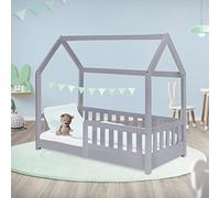 ML-Design Letto a Casetta per Bambini 70 x 140 cm Grigio, in Legno Massello, Struttura con Protezione Anticaduta, Tetto e Rete a Doghe, Lettino a Terra Montessori a Forma di Casa per Cameretta